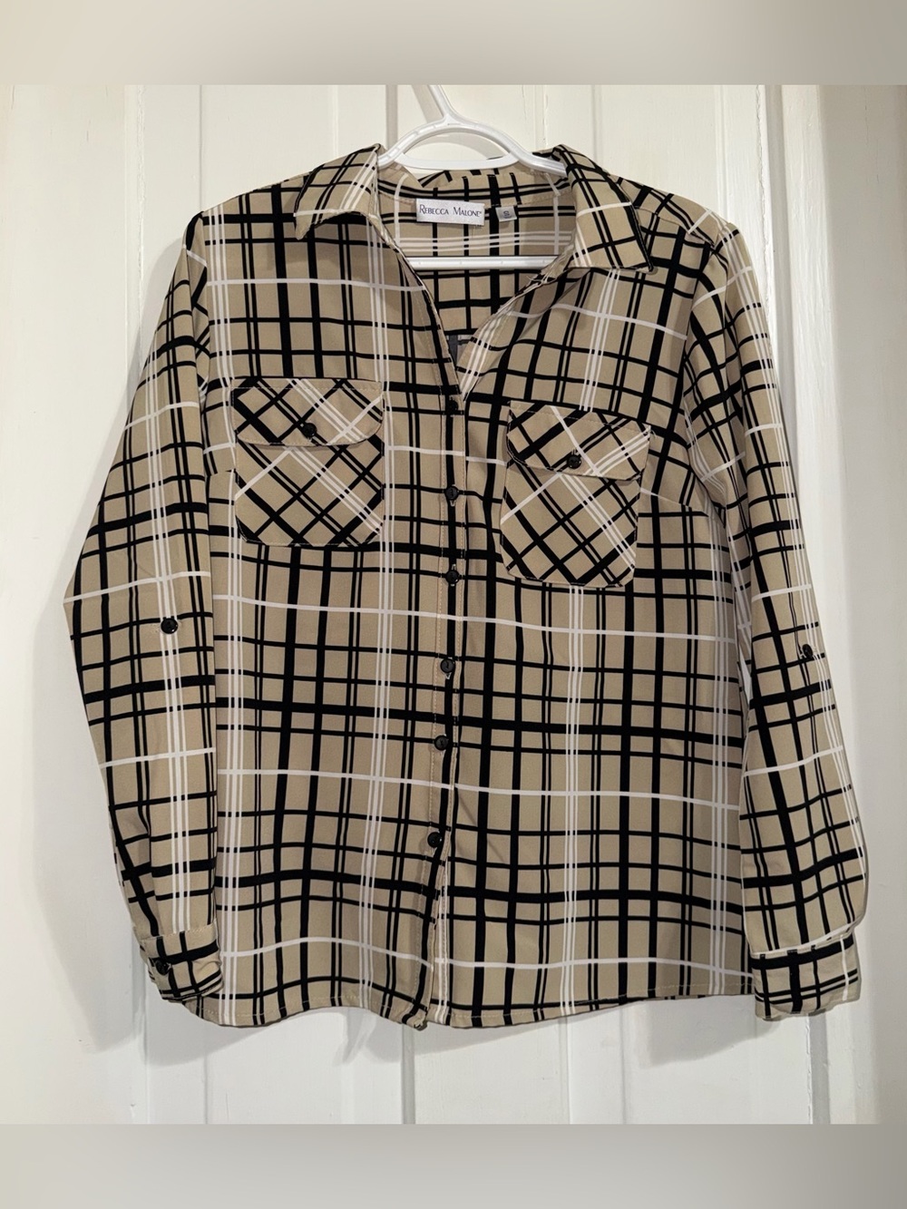 Women's size small Rebecca Malone Beige Plaid Button-Up Shirt top blouse work
